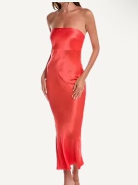 Fate Strapless Satin Slip Dress in Coral